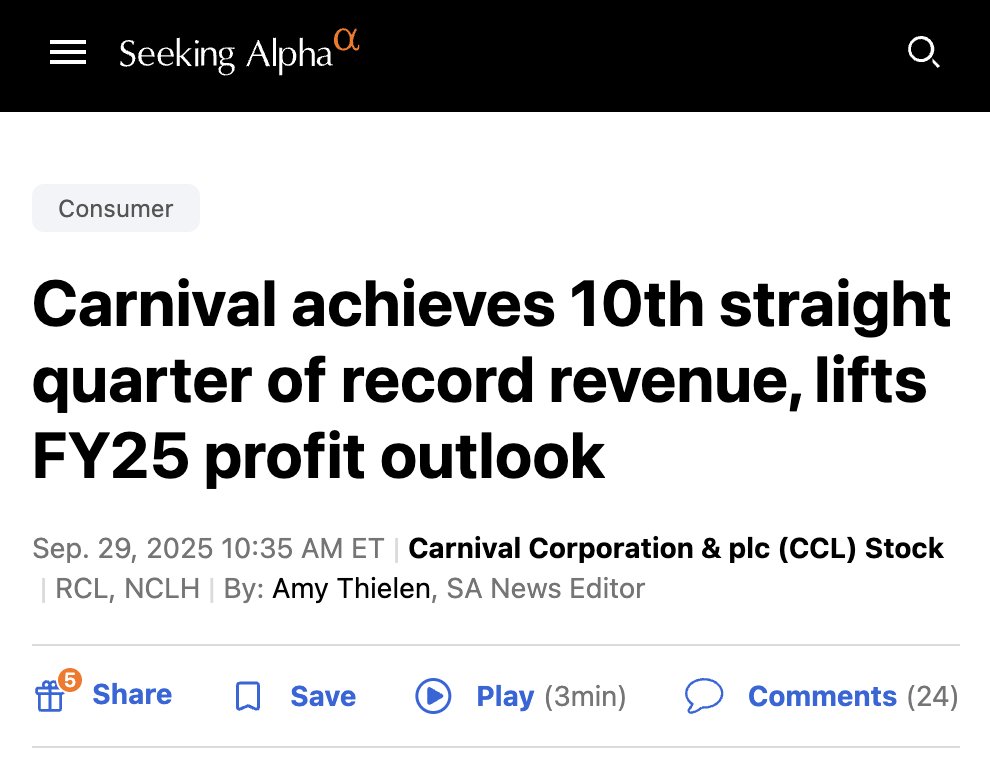 brandongorrell's tweet image. AI capex cycle has people sleeping on cruise ship stocks and need for massive domestic cruise ship build out... Carnival ($CCL) trips are so in demand the CEO says booking volumes have &quot;far outpaced capacity growth&quot;

Carnival also just beat income estimates by $2.76B and reported…