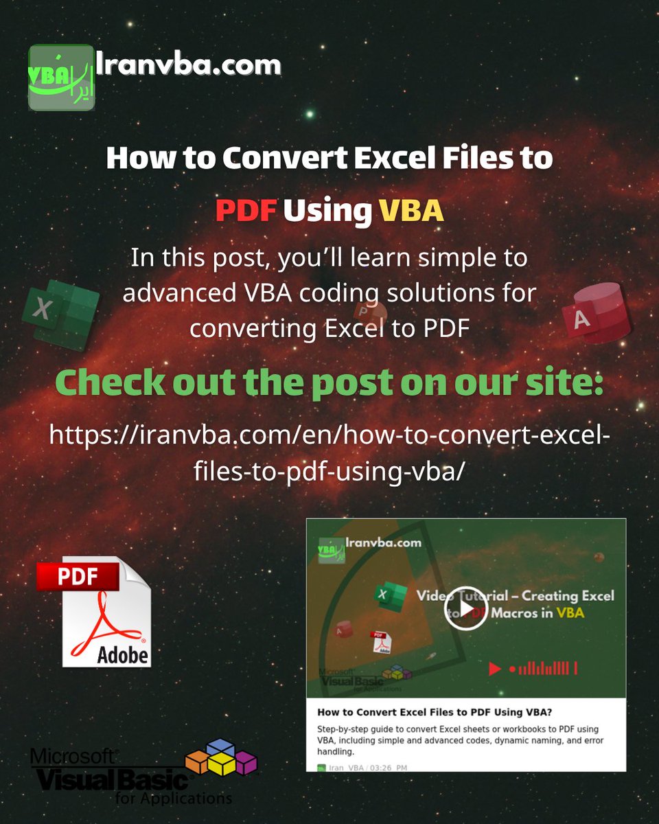 iranvba's tweet image. New Post! In this post, you’ll learn simple to advanced VBA coding solutions for converting Excel to PDF; from converting a simple sheet to printing multiple separate pages and managing save paths.
iranvba.com/en/how-to-conv…