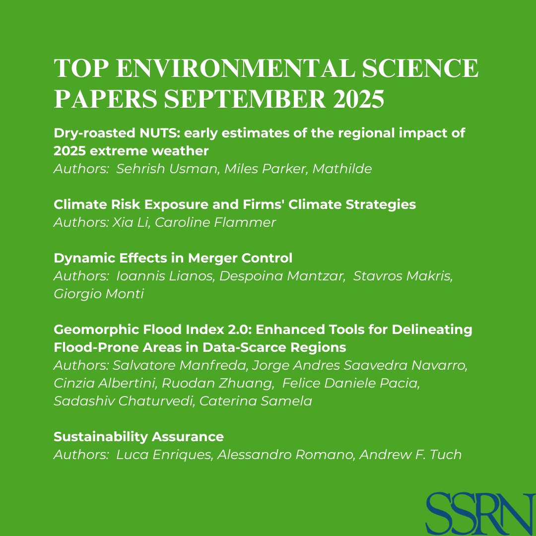 SSRN's tweet image. Top Environmental Science Papers – September 2025! 🌱

Check out the most impactful research this month, featuring insights into climate, conservation, and sustainability. Stay ahead with the latest in environmental science!

#EnvironmentalScience #ClimateChange #Sustainability