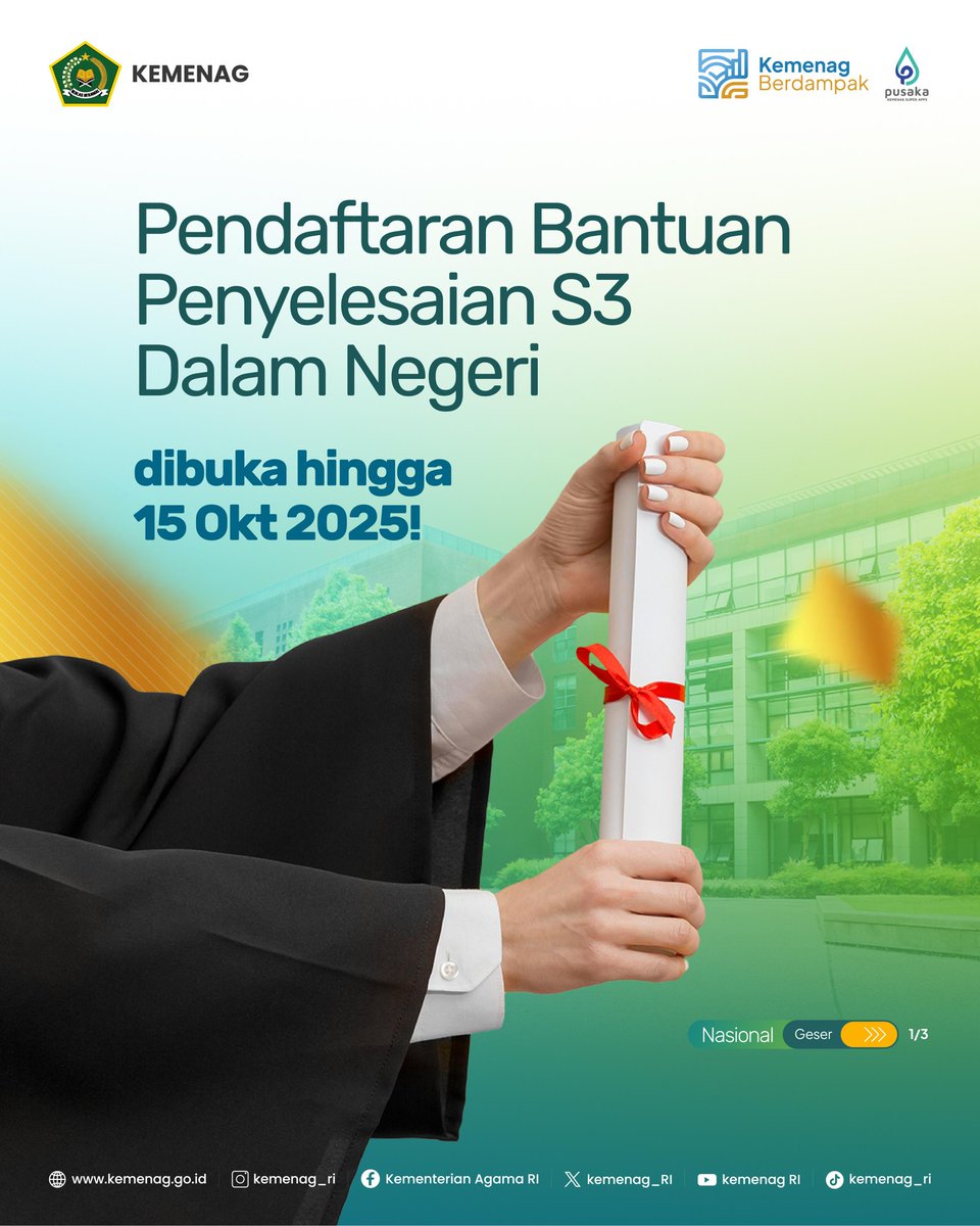 Kemenag_RI's tweet image. Kemenag buka Pendaftaran Bantuan Penyelesaian S3 Dalam Negeri. Mekanisme mudah &amp;amp; tidak berbelit. Segera daftar di pendaftaran-beasiswa.kemenag.go.id (5-15 Oktober 2025).

Baca selengkapnya dengan scan QR Code atau kunjungi kemenag.go.id

#Kemenag #Beasiswa #BPPS3 #Doktor
