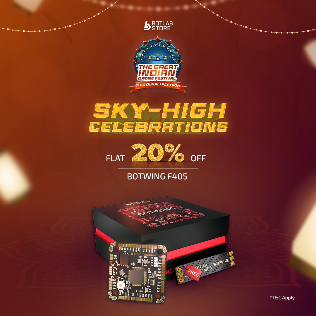 BotLabStore's tweet image. Festive Pick Alert!🎊
Get 20% OFF on BOTWING F405: smooth, precise, and now more affordable.
Bonus: FREE Racewire with your order! 🎉
Shop now and upgrade your festive skies.🎆
#TheGreatIndianDroneFestival #ThisDiwaliFlyHigh #DroneDeals #DroneDiscounts #DroneFestival…
