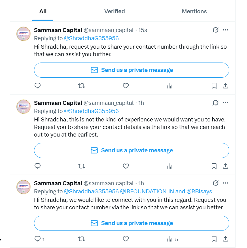 ShraddhaG355956's tweet photo. This is how the Samman Capital team is responding to me. I have sent them a reply, and now they are sending messages privately. I’m not sure why they aren’t addressing this publicly. @RBIsays https://t.co/pa3dXTwuvE