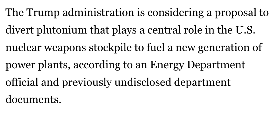 A somewhat confused piece in Politico re US plutonium by <a href="/zcolman/">Zack Colman</a>. These 25 tonnes of plutonium in pits is the material identified as surplus 30 years ago, no way it "plays a central role in the US nuclear weapons stockpile" (pits are not "highly radioactive" by the way) 1/