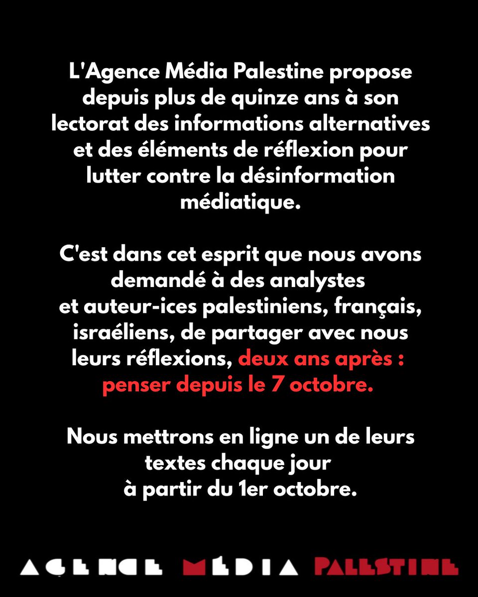 Deux ans après : penser depuis le 7 octobre
Dossier thématique par l'Agence Média Palestine, du 1er au 10 octobre : urls.fr/OR9NXr