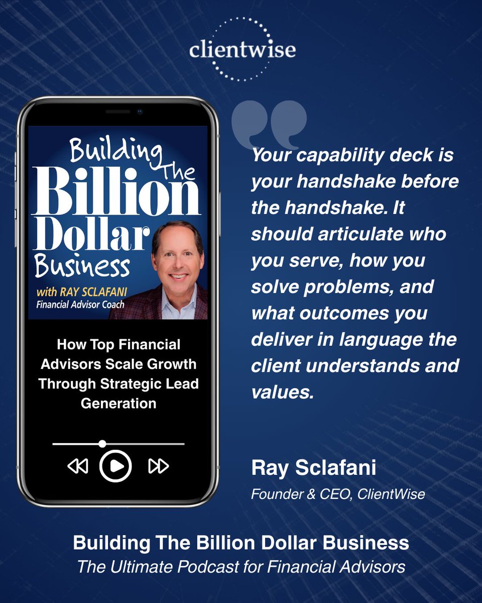 ClientWise's tweet image. In the latest Building the Billion Dollar Business episode, Ray Sclafani shares how firms can define client capacity, sharpen their future client profile &amp;amp; build a pipeline that lasts.

Listen here: hubs.la/Q03KkdP90

#BusinessGrowth #FinancialAdvisors #GrowthMindset