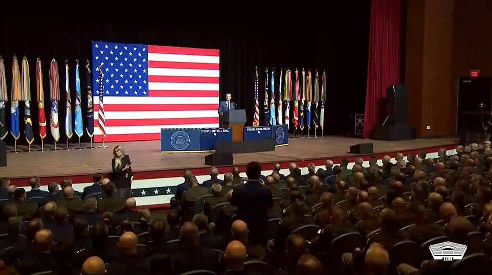JesseRodriguez's tweet image. Secy. Hegseth addressing unprecedented gathering of Generals & Admirals at Quantico.