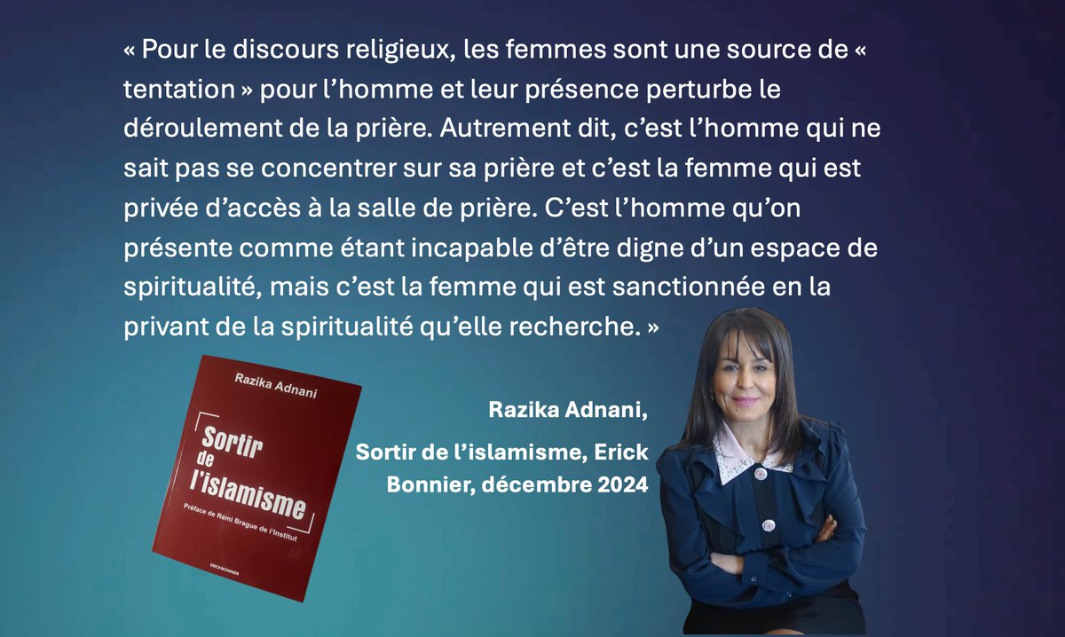 RazikaAdnani's tweet image. Le port du #voile n’est pas la seule pratique que les hommes dans les sociétés musulmanes ont imposée aux femmes pour les exclure de l’espace extérieur et faire disparaître leur corps de leur regard. Ils ont également interdit aux femmes l’accès à la salle de prière de la