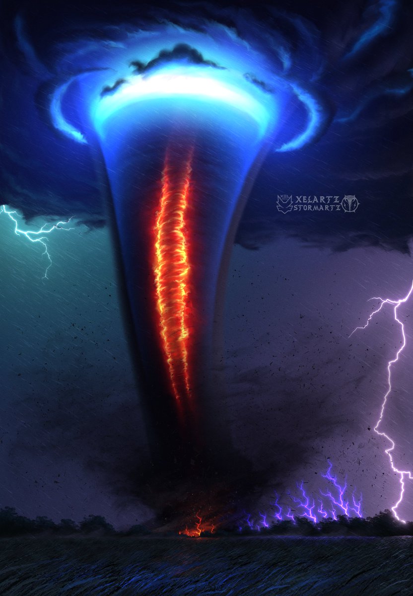I drew the 1955 Blackwell, Oklahoma tornado.

Notable for it's reported bizarre luminous phenomena and unusual electrical activity assosciated with it. A brilliant blue glow near the top, a fiery orange core, and intense St. Elmo's fire and multicolored lightning.