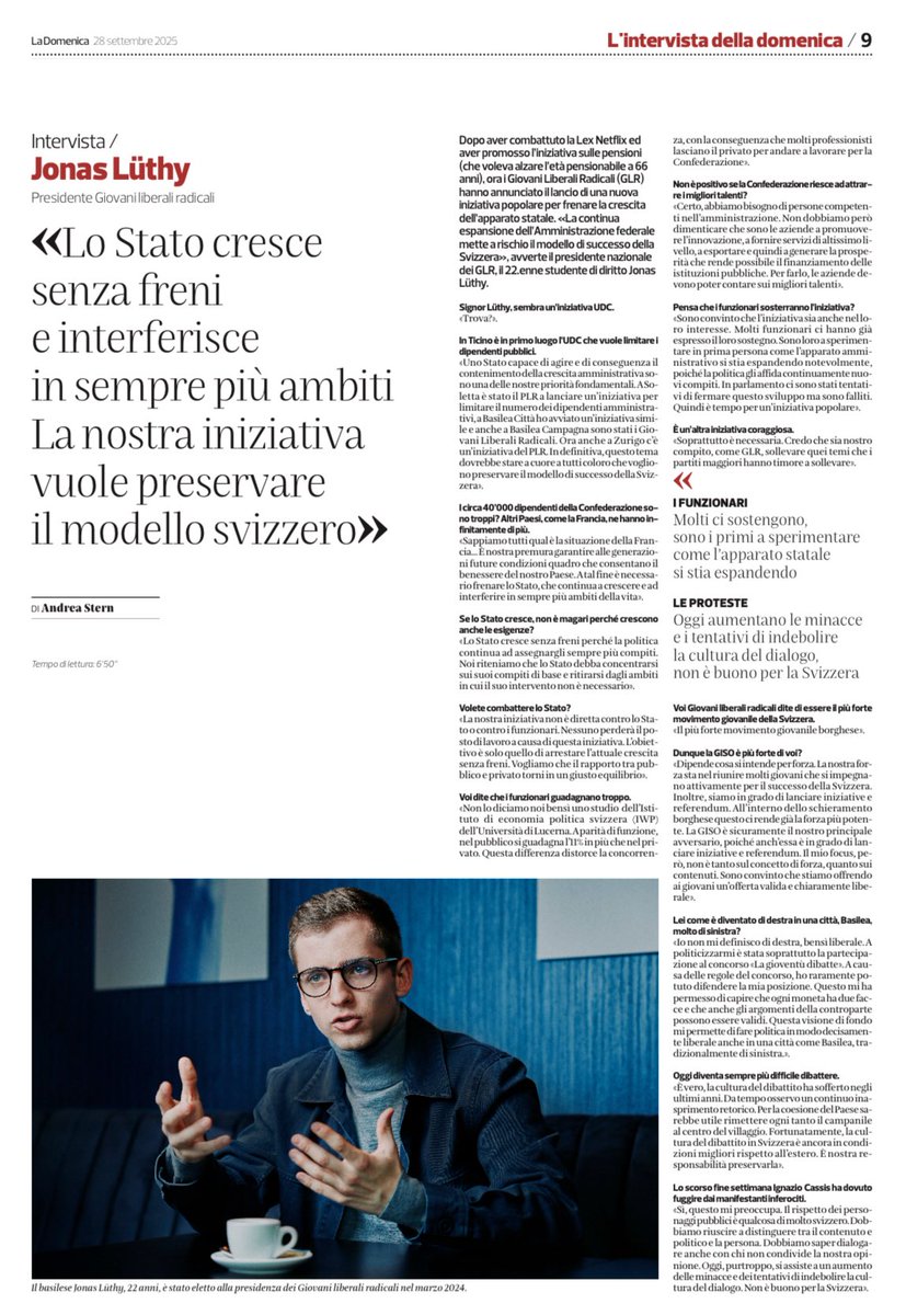 Jonas Lüthy (@jonasluethy) on Twitter photo Warum wir das Verwaltungswachstum bremsen und den Dialog retten müssen – Interview mit der Sonntagszeitung «La Domenica»
Hier geht es zur deutschen Übersetzung des Interviews: jonasluethy.ch/la-domenica-jo… Warum wir das Verwaltungswachstum bremsen und den Dialog retten müssen – Interview mit der Sonntagszeitung «La Domenica»
Hier geht es zur deutschen Übersetzung des Interviews: jonasluethy.ch/la-domenica-jo…