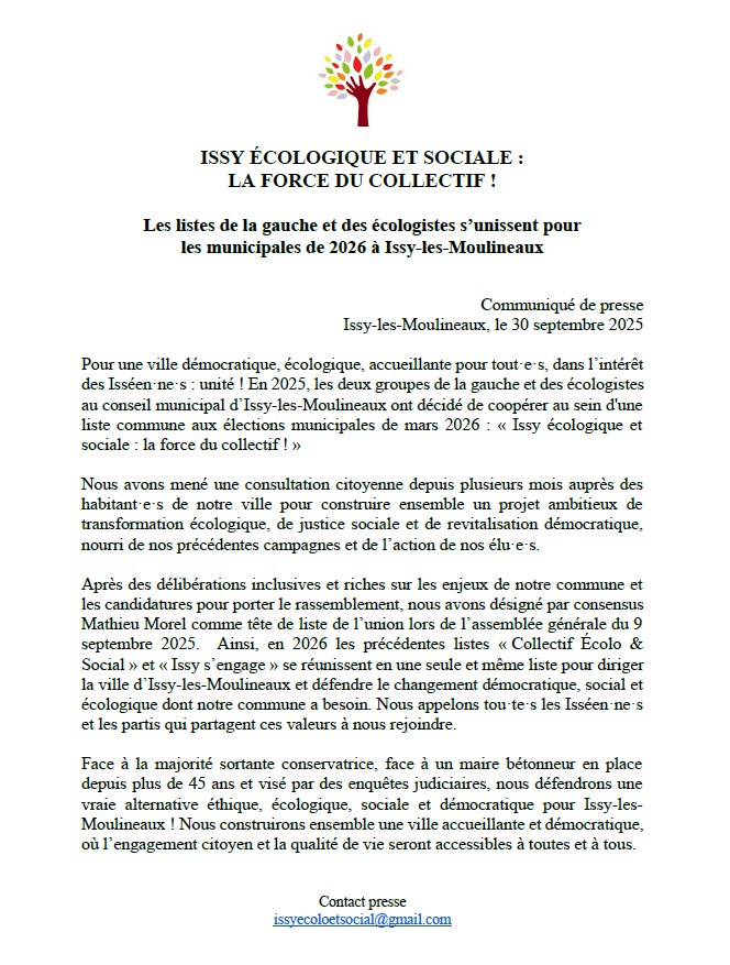 Le Parti Socialiste, qui était membre de la liste <a href="/issysengage/">Issy s'engage</a> en 2020, participe à la liste "Issy Ecologique et Sociale : la force du collectif !" pour les prochaines élections municipales de mars 2026 aux côté du Collectif Ecolo Social.