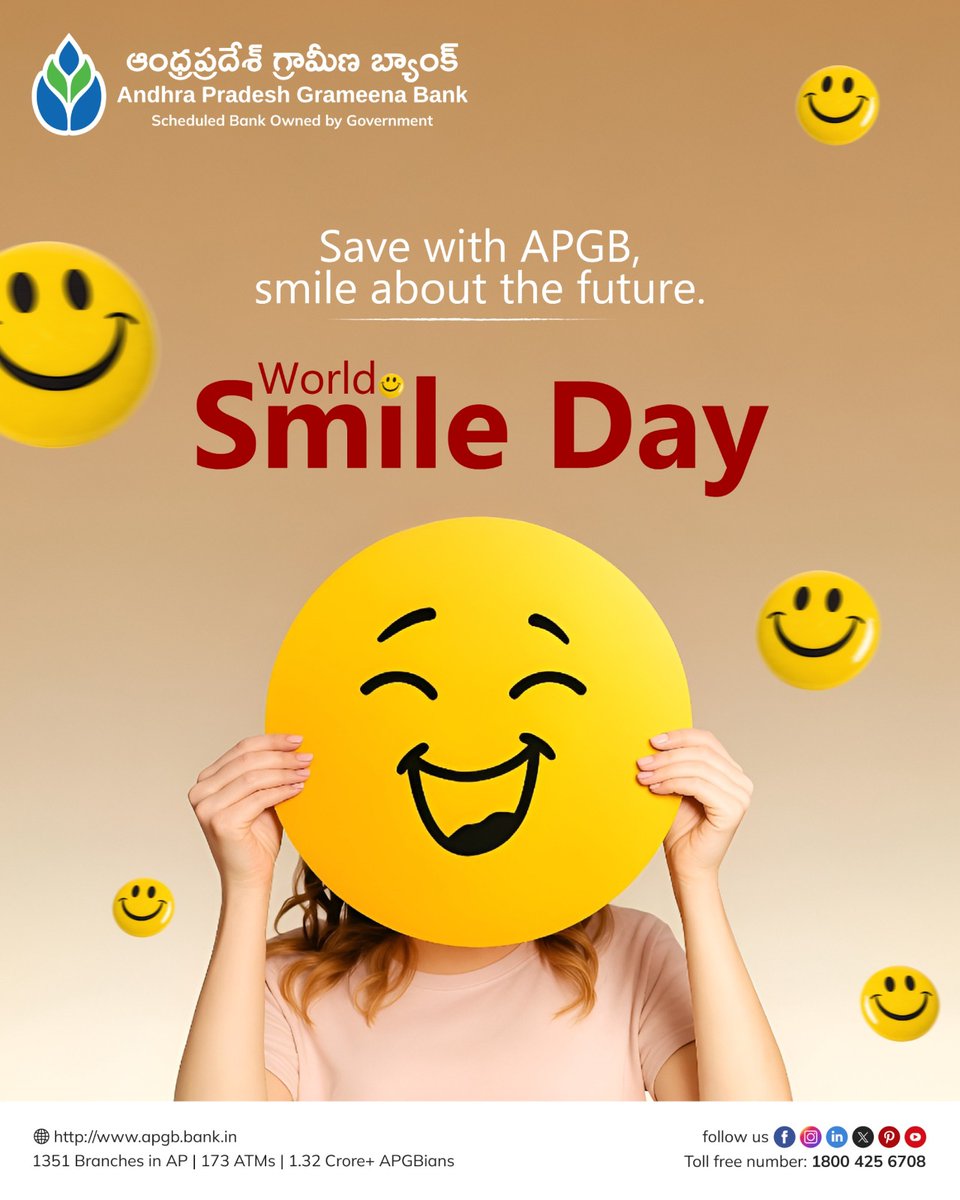 apgbankofficial's tweet photo. Save with APGB, smile about the future. Happy World Smile Day!
world smile day 😀
.
.
#smileday #WorldSmileDay #andhrapradheshgrameenabank #banking #alwayssmiling #apgb https://t.co/pBsUCo9FHD