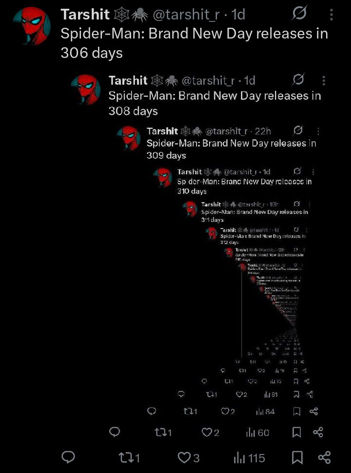 Tarshit 🕸️🕷️ (@tarshit_r) on Twitter photo Spider-Man: Brand New Day releases in 305 days Spider-Man: Brand New Day releases in 305 days