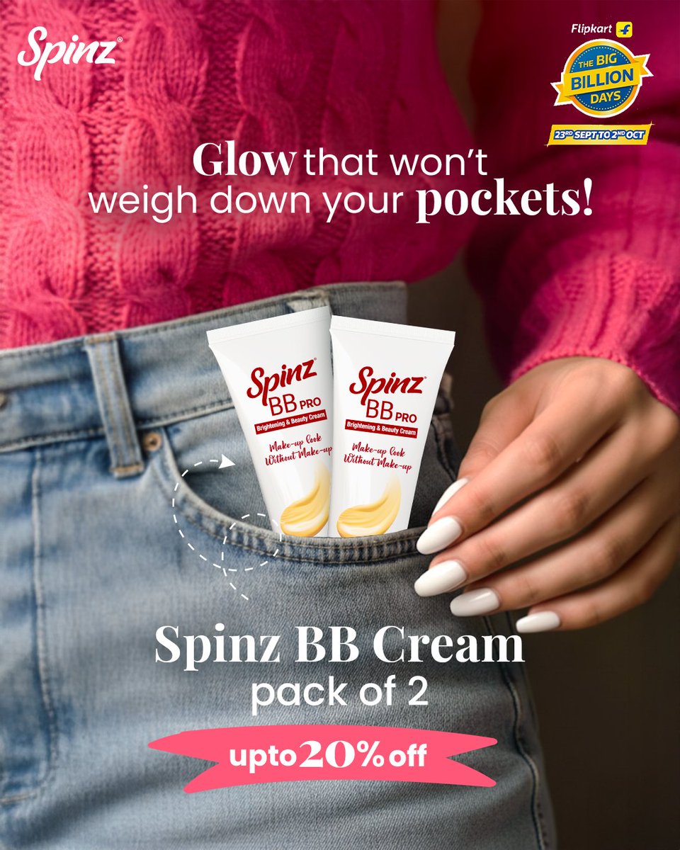 SpinzIndia's tweet image. Your pocket-friendly glow is here! 💖
Grab the Spinz BB Cream Pack of 2 at up to 20% OFF this Big Billion Days on Flipkart. 🛍️
#GlowOnTheGo #PocketFriendlyGlow #SpinzBBCream #flipkartbigbilliondays #thebigbilliondays #flipkart #shopping #festive #bbd2025