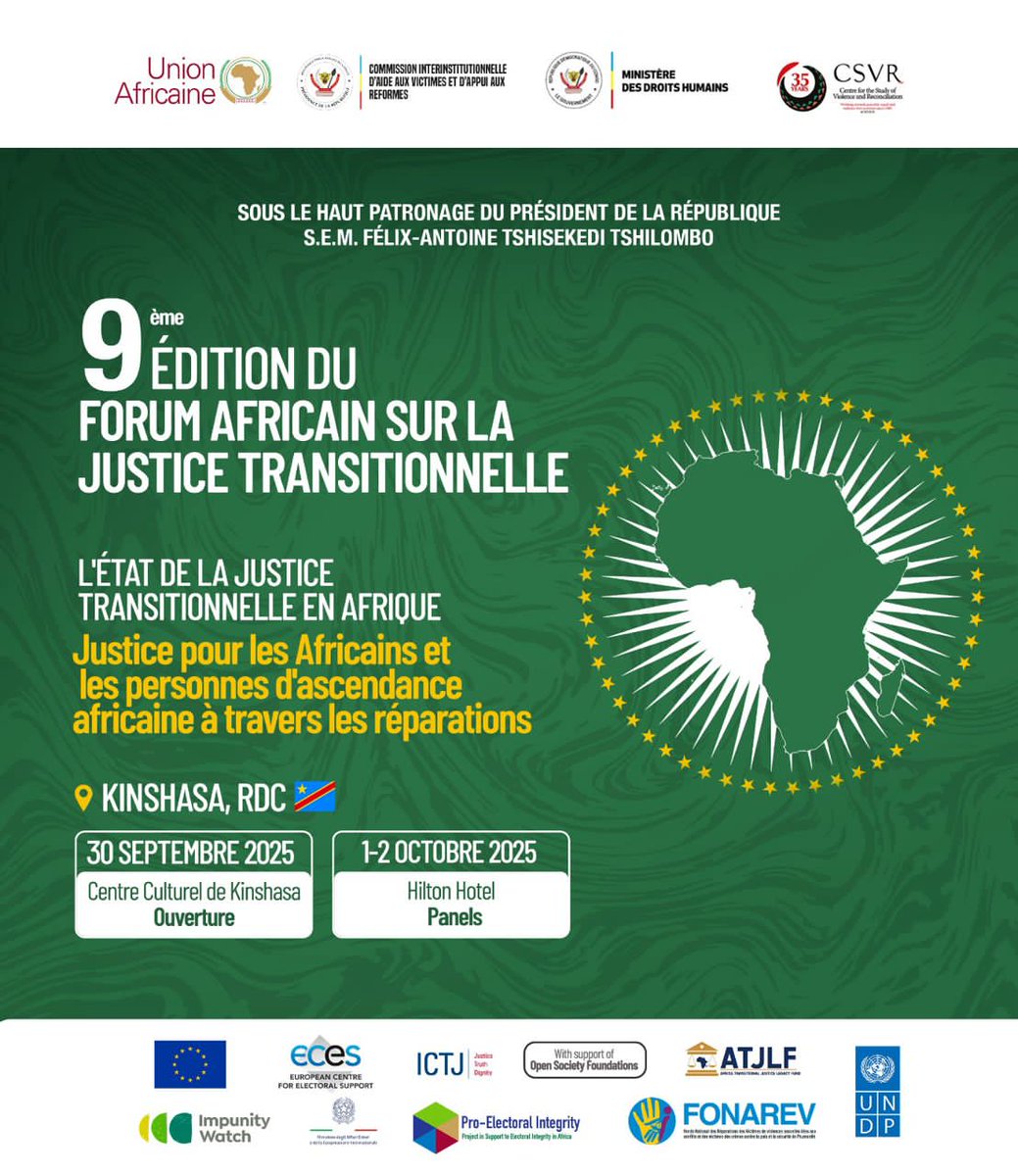 Ouverture ce mardi à Kinshasa, de la 9ème édition du Forum africain sur la justice transitionnelle avec comme thème l'état de la  justice transitionnelle en Afrique. La clôture interviendra le 02 octobre. <a href="/FonarevRDC/">Fonarev RDC</a> <a href="/PNUDRepduCongo/">PNUD Rép du Congo</a> <a href="/SamuelBemba/">Samuel Bemba</a> <a href="/_AfricanUnion/">African Union</a>