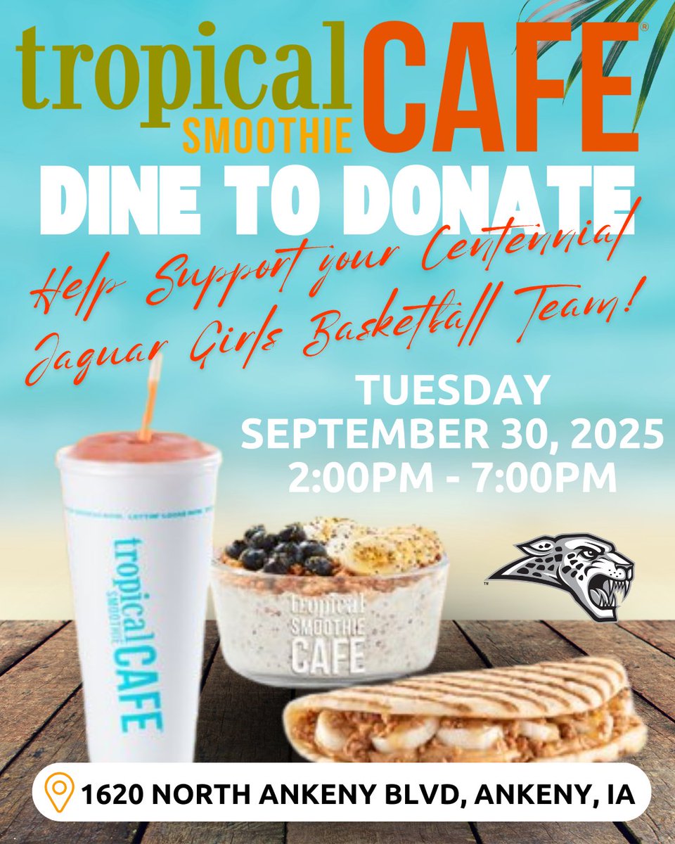 Jaguars_GirlsBB's tweet photo. Today is the day! Stop by Tropical Smoothie between 2pm-7pm to support your Centennial Girls Basketball program! https://t.co/LPTyAFkOZj