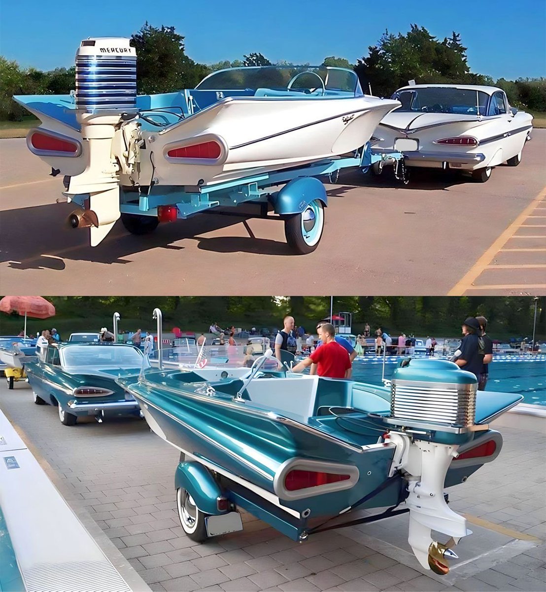 1959 Chevy Impalas with matching boats