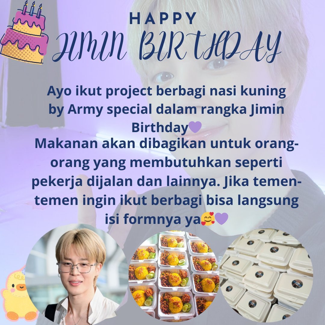 favoojekey's tweet photo. Assalamualaikum temen-temen minta tolong bantu RT ya🙏💜

Hai, aku mengadakan project berbagi nasi kuning &amp; rice bowl special Jimin birthday. Tanpa minimal pembelian, jadi boleh banget berbagi berapapun🥰

Makanan akan dibagikan untuk ojol, tunawisma, para pedagang, dll. https://t.co/V6U1bdAjx1