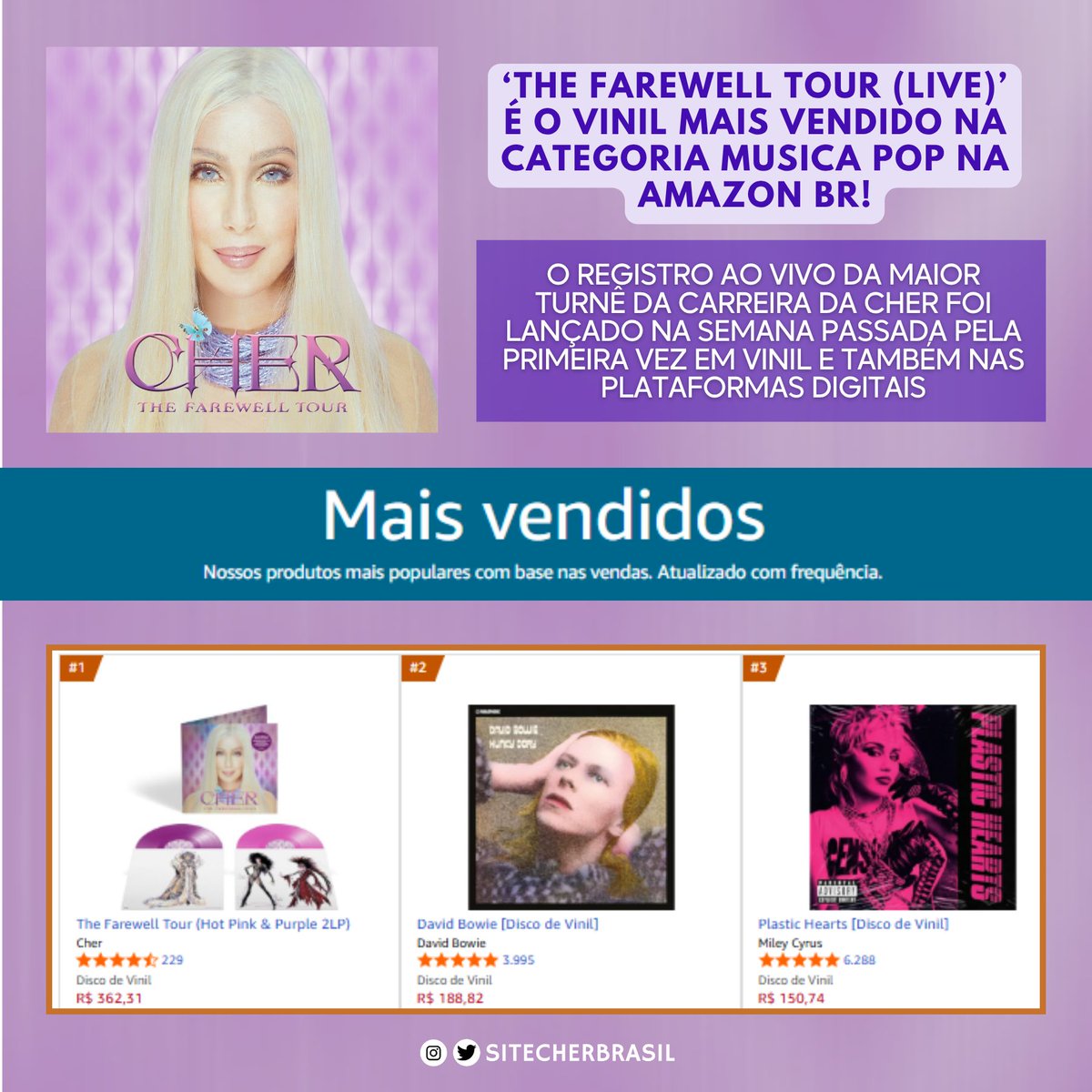 SiteCherBrasil's tweet photo. COME TO BRAZIL @CHER 🇧🇷⚜️👑 O #CherCrew brasileiro colocou o vinil da Farewell Tour no topo dos mais vendidos da Amazon BR!
⚜️🎶💿 ➡️ https://t.co/i87cpIcHyD https://t.co/5O5ezBvGVv