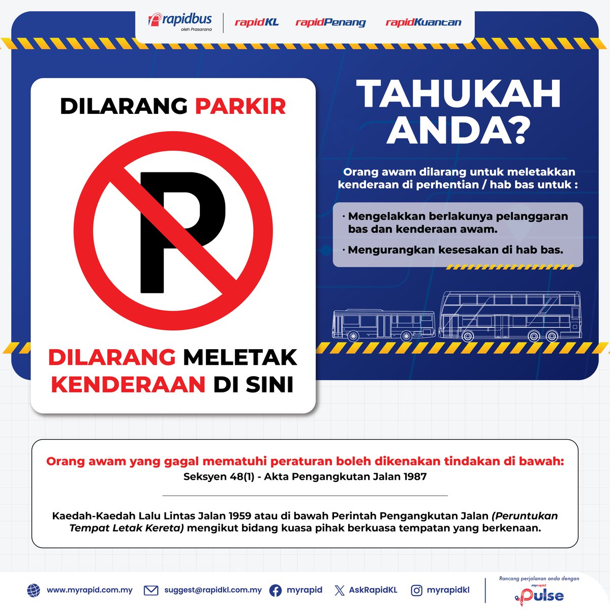 🚍 Jom pastikan Hentian &amp; Hab Bas sentiasa lancar!
Elakkan parkir di kawasan ini supaya pemandu bas mudah bergerak dan semua pengguna jalan raya lebih selamat 🙌

#PatuhiPeraturan #JomNaikBas #RapidKL