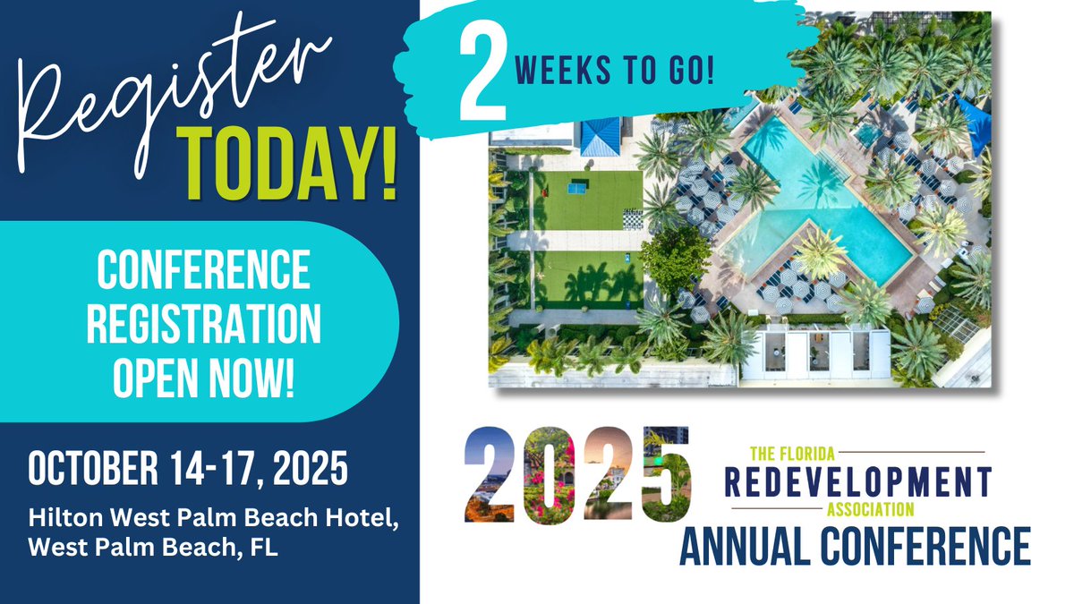 FLRedevel's tweet image. REGISTER TODAY! 
In two weeks, the 2025 FRA Annual Conference brings Florida’s redevelopment professionals together for learning, networking, and inspiration. Hilton West Palm Beach | Oct 14-17
redevelopment.net/2025-annual-co…
#redevelopmentworks #FRA2025