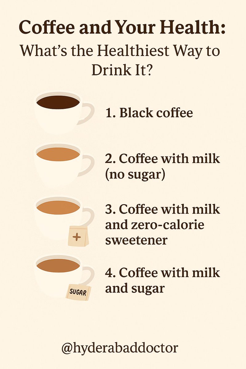 hyderabaddoctor's tweet photo. Coffee and Your Health: What's the Healthiest Way to Drink it?

▶️Coffee is one of the most widely consumed beverages in the world and fortunately, research suggests it is also one of the healthiest. 
▶️Regular coffee drinkers are found to have a lower risk of type 2 diabetes, liver disease, heart attack, stroke, certain cancers, and even premature death.
▶️But not all cups of coffee are created equal. What you add to your coffee can make a big difference to its health effects.

✅ The Healthiest to Least Healthy Forms of Coffee
1. Black coffee
Pure coffee, without milk or sugar, is the healthiest form. It is virtually calorie-free and packed with beneficial antioxidants.

2. Coffee with milk (no sugar)
Adding a little milk is acceptable, but milk proteins may reduce some of the antioxidant benefits. Still, it remains a healthy choice.

3. Coffee with milk and zero-calorie sweetener
Artificial or natural low-calorie sweeteners are better than sugar, but their long-term effects on metabolism and gut health are still being studied. Use sparingly.

4. Coffee with milk and sugar
This is the least healthy option. Added sugar contributes to weight gain, diabetes, and heart disease, and it cancels out much of coffee’s natural benefit.

Dr Sudhir Kumar MD DM                         30-09-2025