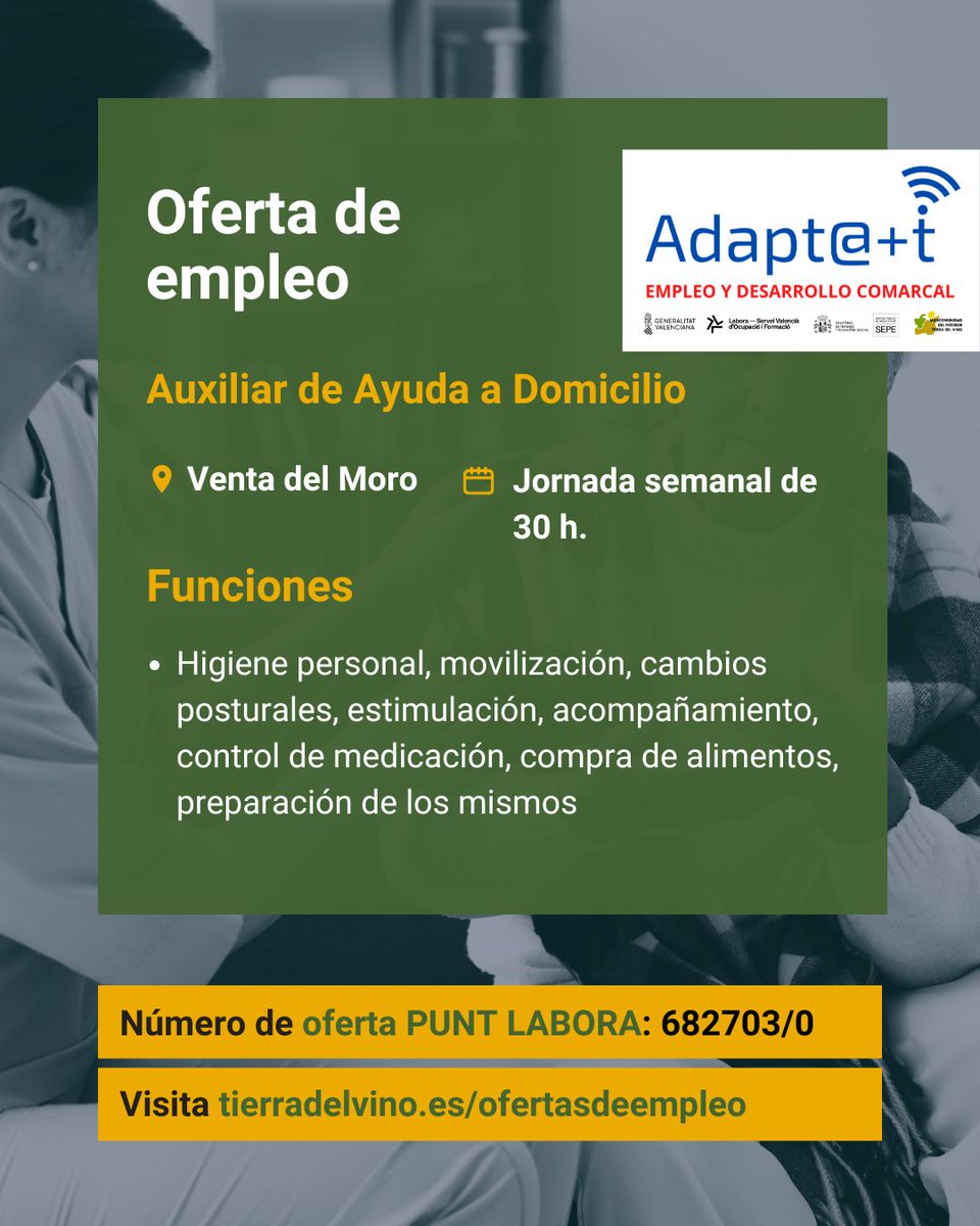 📢 Nueva oferta de #empleo en Venta del Moro

👥 Auxiliar de Ayuda a Domicilio👉tierradelvino.es/aviso/auxiliar…
📢 Si estás en  #desempleo 👉 🔵🔴Contacta con Adapt@+t

👥 El equipo Adapt@+t mejora tu inserción laboral #orientacionlaboral #formacion 
#TuComarcaTuFuturo #Labora #empleo
