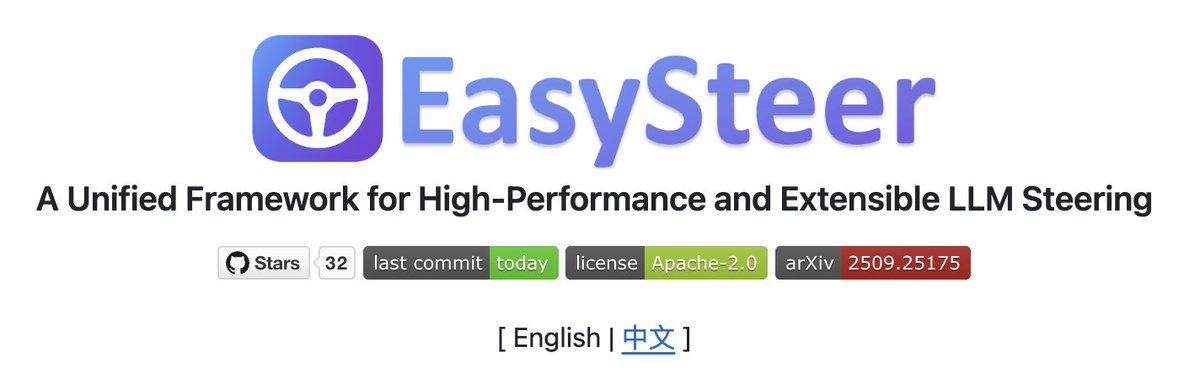 Introducing EasySteer: High-performance LLM steering framework built on vLLM. Achieves 5.5-11.4× speedup over existing tools while maintaining 71-84% throughput.
Paper: arxiv.org/abs/2509.25175
Code: github.com/ZJU-REAL/EasyS…
HF Paper: huggingface.co/papers/2509.25…
