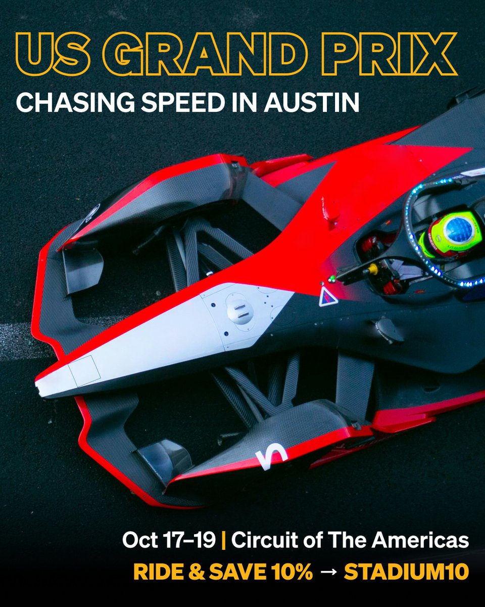 🏁 US Grand Prix: Chasing Speed in Austin! Oct 17–19 @ Circuit of The Americas. 🚍💨 

Ride with OurBus &amp; save 10% with code STADIUM10. Fast track your travel, skip the hassle, and enjoy the race! 

#USGrandPrix #AustinGP #OurBusRides #RaceDayReady