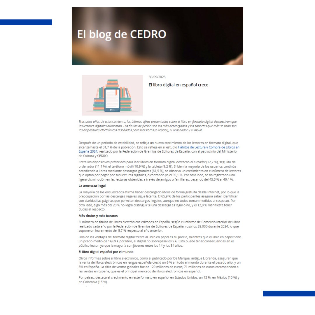 CEDROenlinea's tweet photo. El libro digital en español crece 📚🌐✍️
Descúbrelo en el #blogdeCEDRO 👉 https://t.co/LYuInVvPpx https://t.co/QYpDz1VdFi