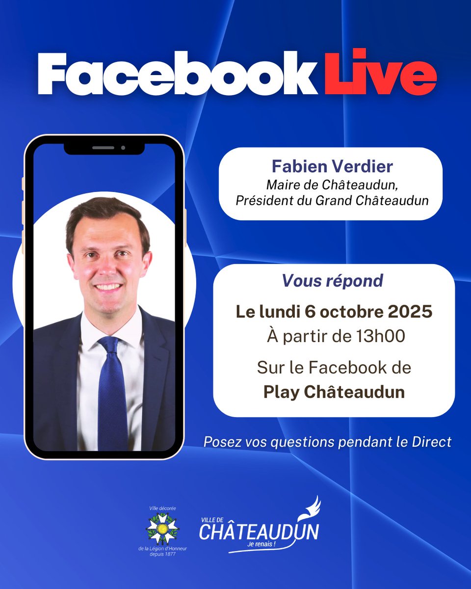 FabienVerdier28's tweet photo. Facebook Live sur le Facebook de Play Châteaudun !

🎥📢 Rendez-vous lundi 6 octobre 2025, à partir de 13h00, pour un échange en direct avec M. le Maire.

C’est l’occasion de vous informer, de poser vos questions et de partager vos idées/proposions pour Châteaudun !

@PlayChâteaudun

#facebooklive #Maire #EngagementCitoyen #Chateaudun