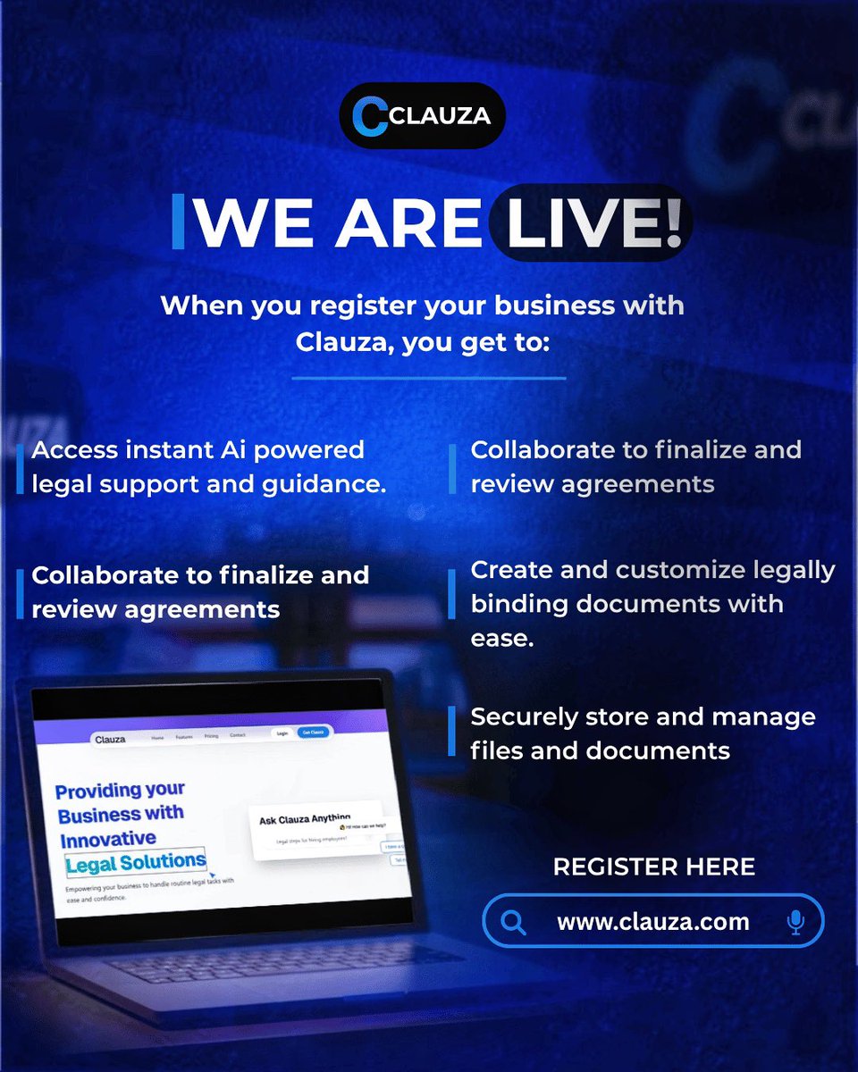 useclauza's tweet photo. We’re LIVE! 
Clauza is here to simplify legal work for your business:

> AI-powered legal support
> Easy agreements &amp; documents
> Secure storage

The future of effortless legal is here.
Register: https://t.co/XTgOJGLCum

#Clauza #LegalTech https://t.co/Mt5Mmg5Nss