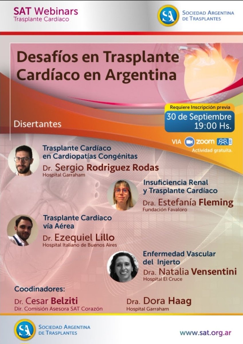 La <a href="/satxarg/">SAT</a> invita al webinar "Desafíos en Trasplante Cardiaco en Argentina" el Martes 30 de septiembre a las 19 hs.
Para inscribirse:
cognitoforms.com/SociedadArgent…

Los esperamos!
