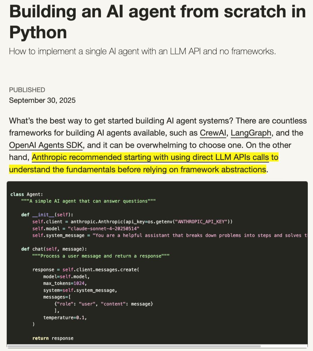 Hesamation's tweet image. Ever wondered what&apos;s actually inside an AI agent?

Almost all the resources on agents hide behind abstractions and frameworks. 

This new blog post builds agents from scratch in Python. You will realize how simple Agents are under the hood.