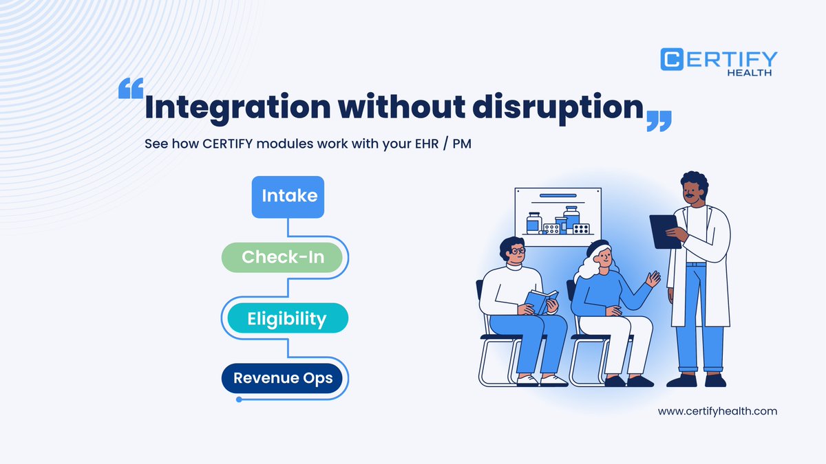 CertifyHealth's tweet photo. Big theme at #MGMA2025: integration without disruption.

✅ Practices want automation that plugs into their EHR/PM — not another system.

At Booth 731, CERTIFY is showing how intake &amp; check-in workflows trigger eligibility + revenue, seamlessly.

#HealthTech #PracticeAutomation https://t.co/N3tkaPGyUM