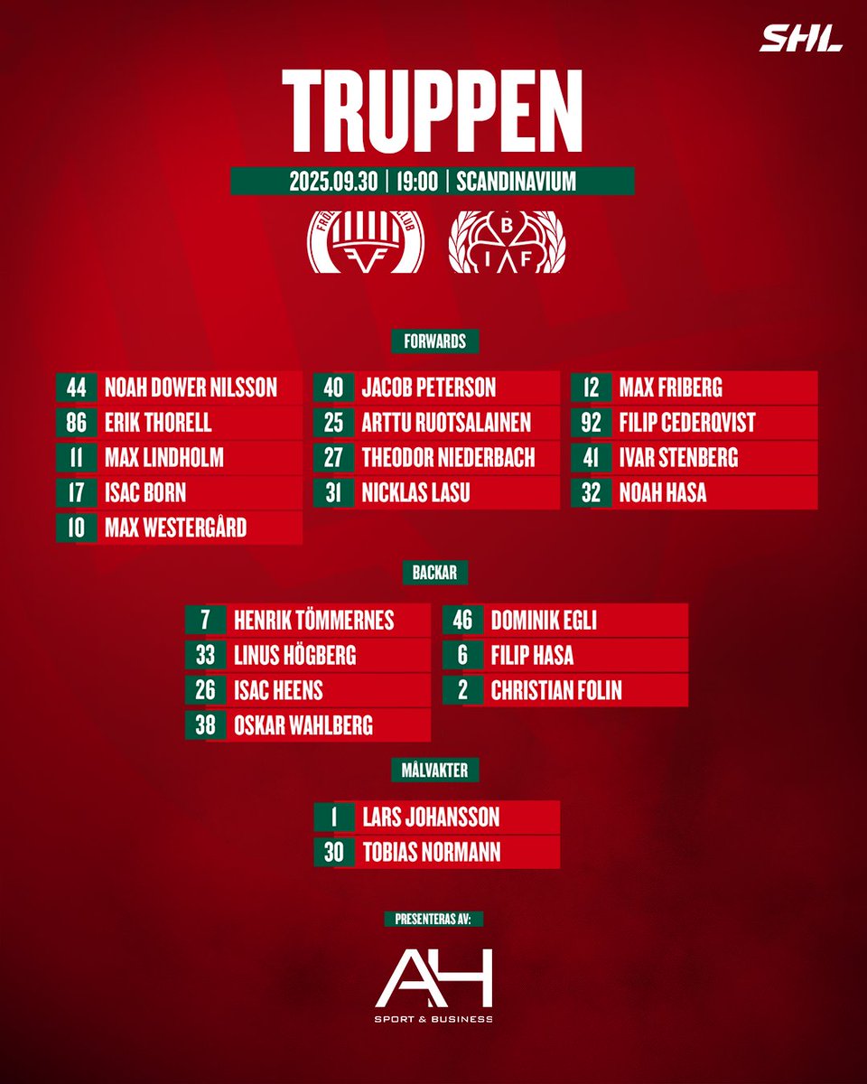 LAGET!

Mindre justeringar på forwardssidan, i övrigt samma lag som senast. Nedsläpp kl 19:00 i Scandinavium!