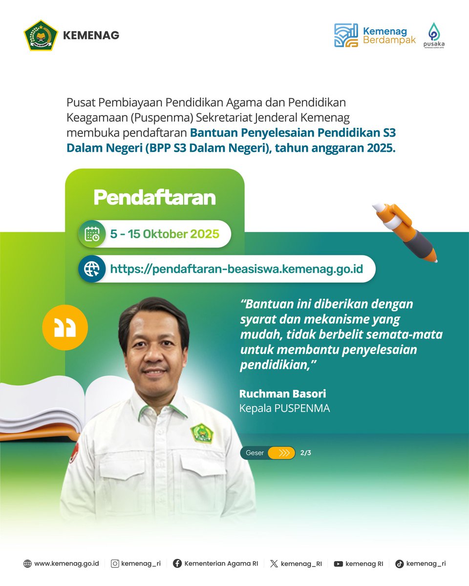Kemenag_RI's tweet image. Kemenag buka Pendaftaran Bantuan Penyelesaian S3 Dalam Negeri. Mekanisme mudah &amp;amp; tidak berbelit. Segera daftar di pendaftaran-beasiswa.kemenag.go.id (5-15 Oktober 2025).

Baca selengkapnya dengan scan QR Code atau kunjungi kemenag.go.id

#Kemenag #Beasiswa #BPPS3 #Doktor