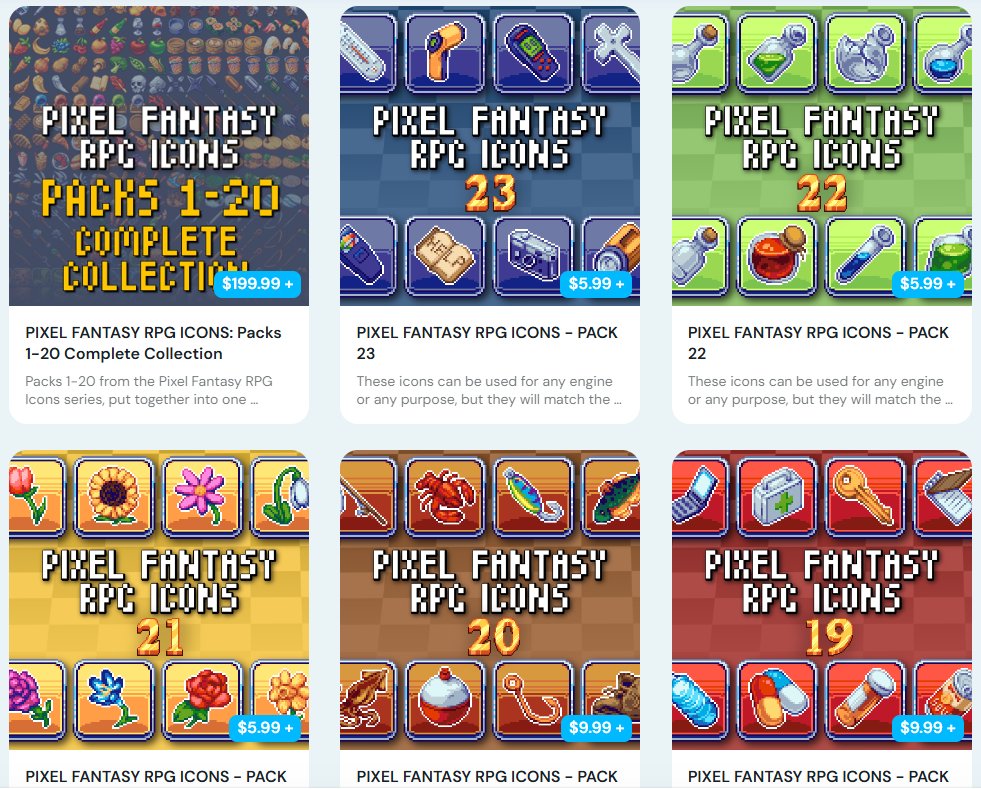I've re-uploaded most of my pixel icon packs to <a href="/kofi_button/">Ko-fi</a>, so you can follow my work there now too!

#pixelart #gamedev