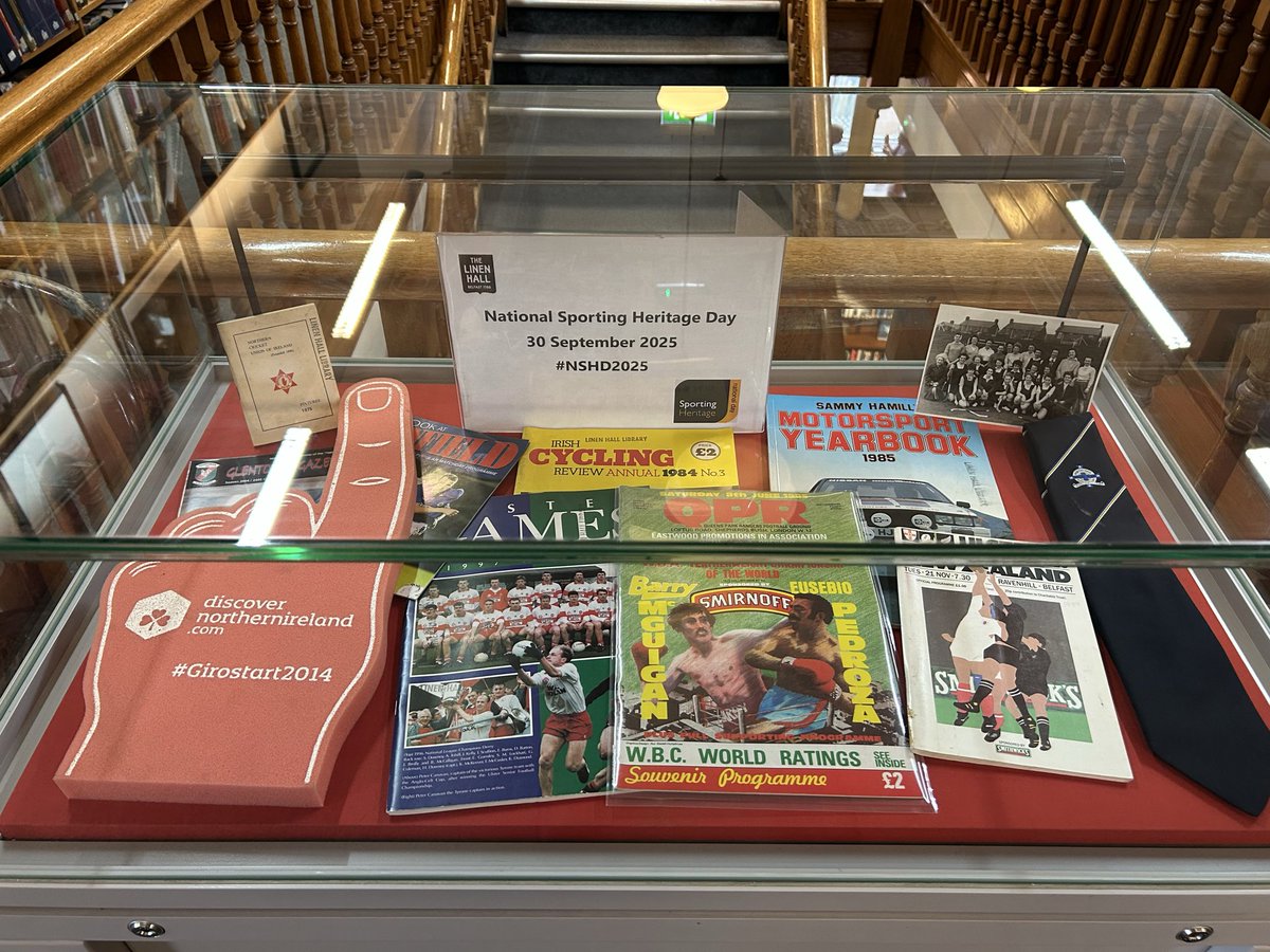 scorrlibrary's tweet photo. Celebrating National Sporting Heritage Day 2025 at The Linen Hall, Belfast with items on display from our Sports Archive, coinciding with the launch this afternoon of Al Mennie’s book Night Swimming: How to Swim Through The Darkness. @thelinenhall @sportinghistory #NSHD2025 https://t.co/dsGo4NQv0W