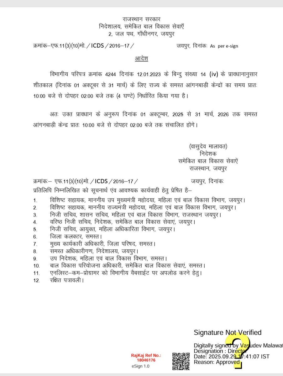 01 अक्टूबर से 31 मार्च तक आंगनबाड़ी समय 4 घंटे निर्धारण आदेश