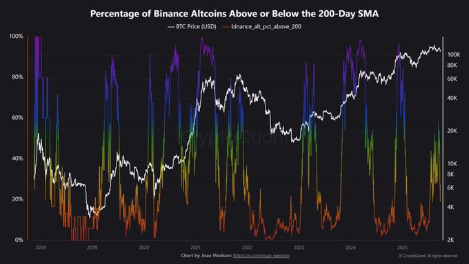 لو ألقينا نظرة على هذه الصورة سنلاحظ أن  24% فقط من العملات المدرجة في منصة Binance تتداول حالياً فوق متوسط 200 يوم !!

وهذا يدل على أن معظم العملات ما زالت عند مستويات منخفضة جداً !

تاريخياً ، مثلت هذه المناطق أفضل فرص تجميع قبل الانطلاقة الكبيرة القادمة إن شاء الله 🚀