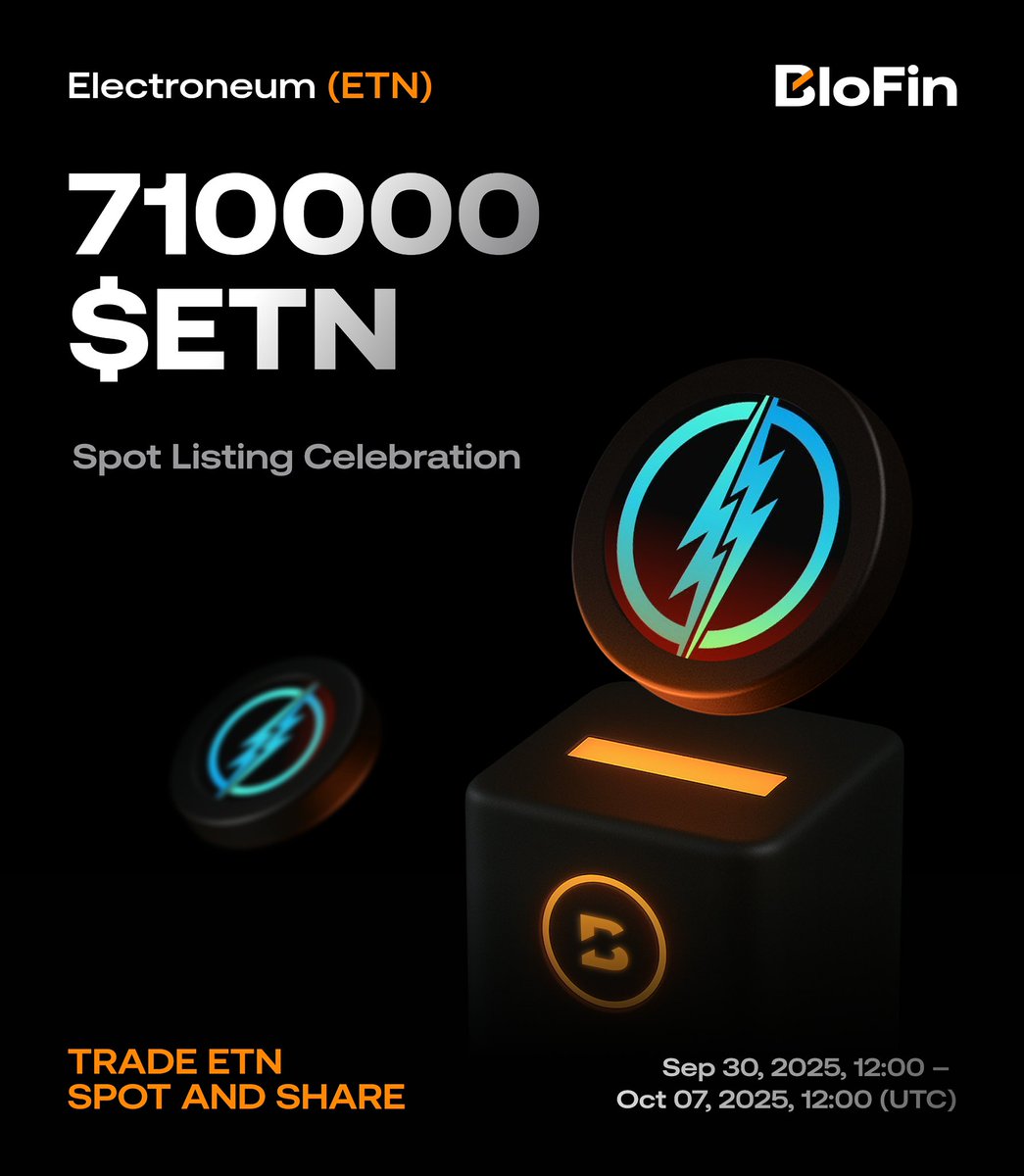 Celebrate the listing of $ETN @electroneum on BloFin Spot 🎉 Trade until  October 7 for a chance to share in 710,000 ETN rewards. 👉  https://t.co/mzYGpWQayt