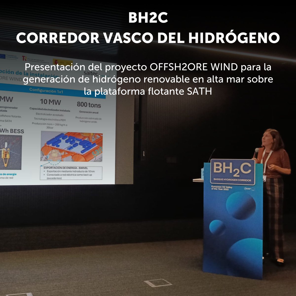 Presentación del proyecto OFFSH2ORE WIND durante el encuentro celebrado por el Corredor Vasco del Hidrógeno. El objetivo es explorar la producción de hidrógeno renovable en alta mar, empleando la plataforma flotante SATH de <a href="/saitecoffshore/">Saitec Offshore</a> #pertenaval #renovables
