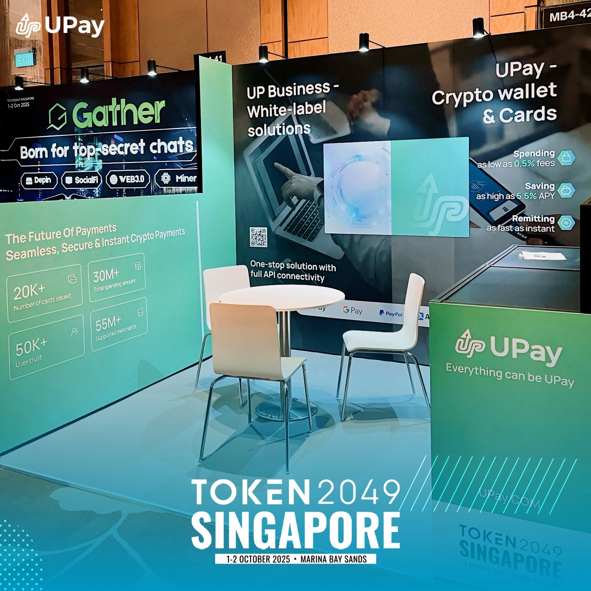 Just snapped today🎉 
We’re excited to showcase UPay at <a href="/token2049/">TOKEN2049</a>  Singapore (Oct 1–2, Marina Bay Sands)! 
📍 Booth MB4-42
👇 Discover crypto cards💳 &amp; wallet, secure &amp; instant crypto payments, and white-label API solutions. 
✨ Meet us there!
#Crypto #Web3 #Fintech #Blockchain