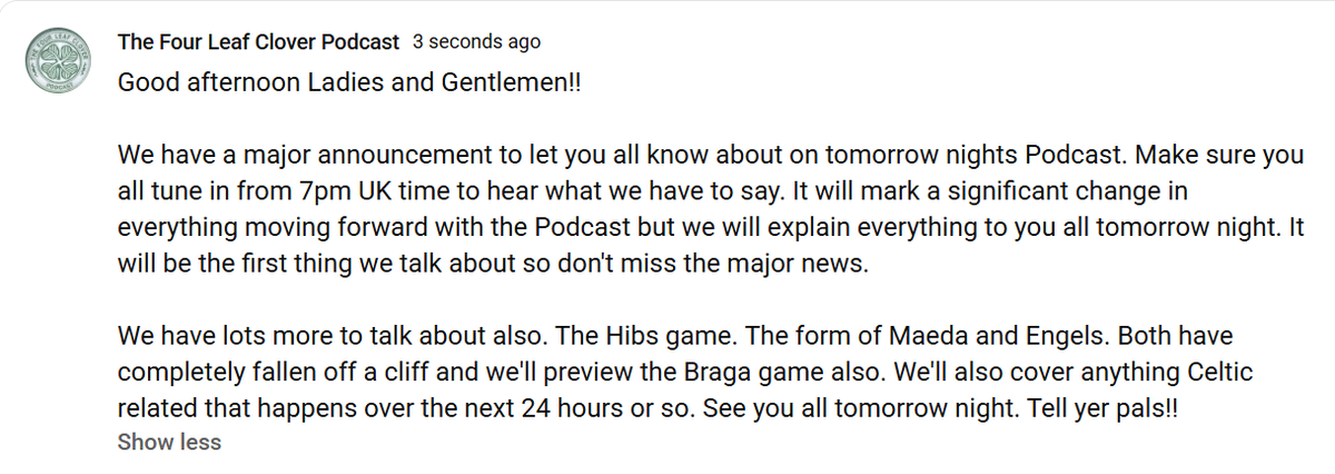 See you all tomorrow night!! 

<a href="/67baldytrucker/">Baldytrucker67 🟩⬜️🟧 🏴󠁧󠁢󠁳󠁣󠁴󠁿🇵🇸</a> 
<a href="/PaddyBhoy1965/">Hoopybhoy 🇮🇪🇵🇸</a> 
<a href="/ronshan7/">gerrymcmillan</a> 
<a href="/KeiserCFC/">KeiserCFC</a> 

#TheFourLeafCloverPodcast 
#Celtic 
#YouTube