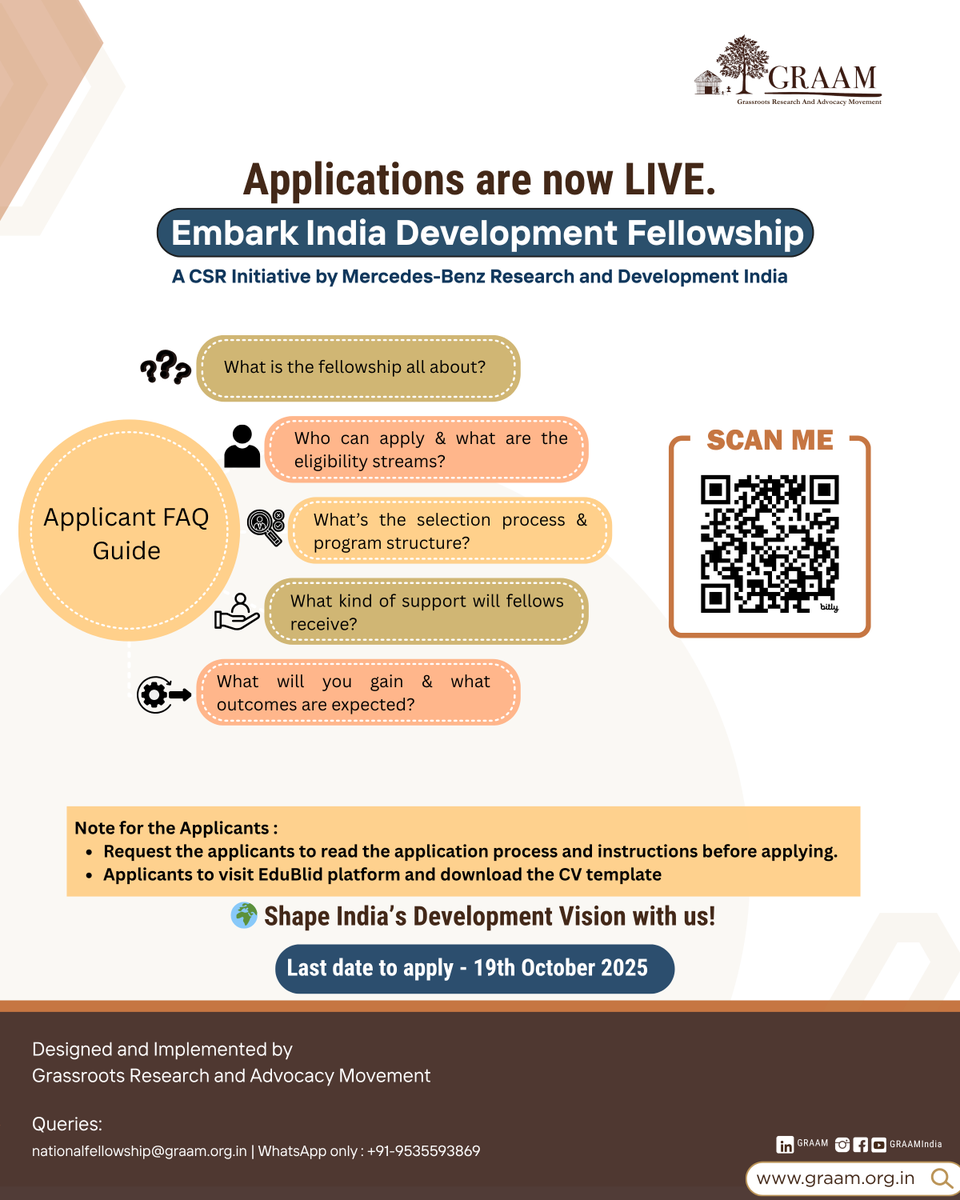Got questions about the Embark India Development Fellowship (2025–26)

Our FAQ Guide covers:
 👤 Who can apply
 📌 Selection process
 🎯 Program structure
 🌱 What fellows will gain
📖 Read here → graam.org.in/nationalfellow…

#EmbarkIndiaDevelopmentFellowship #YouthForChange