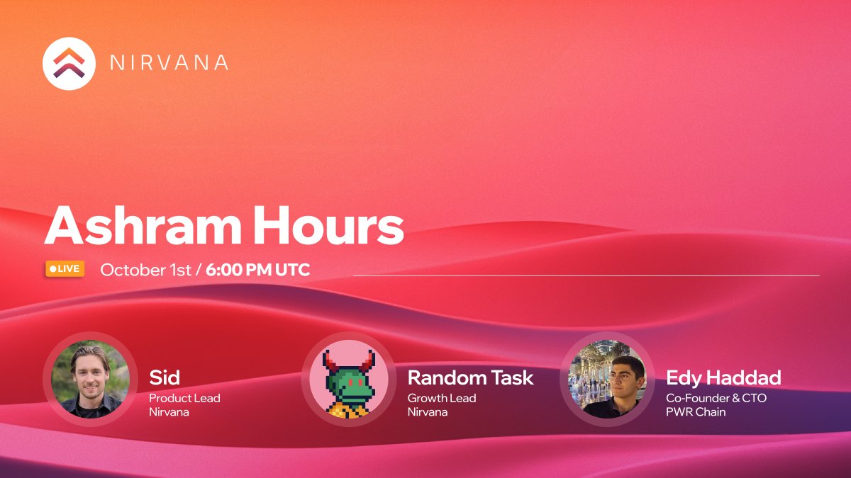 Ashram Hours returns!

Special guest: <a href="/hdd_edy/">Edy Haddad | PWR Chain</a>, co-founder &amp; CTO of @PWRlabs.
In dialogue with <a href="/RandomTask555/">RT</a> and <a href="/sid_nirvana_fi/">Sid 📿</a>.

Join us tomorrow, 6 PM UTC.