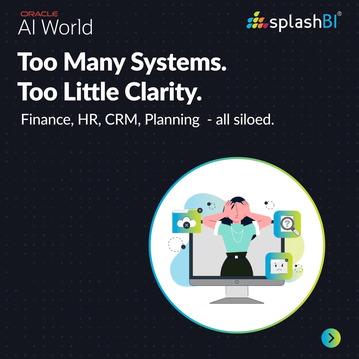 SplashBI's tweet image. Siloed systems = limited clarity.
At #OracleAIWorld, hear how AeroVironment unifies Finance, HR, CRM & planning on SplashBI for a single trusted view. Featuring Kiran Reddy Pasham, Bridget Roy & Sunil Meka.
splashbi.com/events/splashb…
#SplashBI #SplashAI #CustomerSuccess