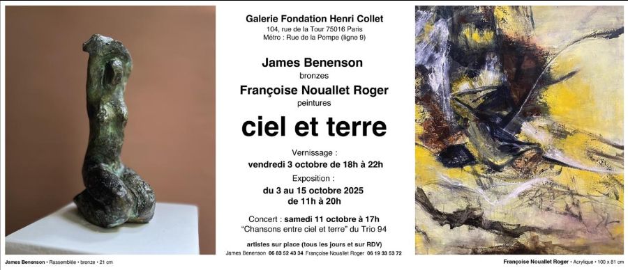 jamesingentilly's tweet photo. 3 octobre -> 15 octobre • l'exposition "ciel et terre" -James Benenson - bronzes &amp; Françoise Nouallet Roger - peinture • Galerie Fondation Henri Collet • 104 rue de la Tour, 16e https://t.co/GT3eRU3B7Z https://t.co/lPMsy3ixig