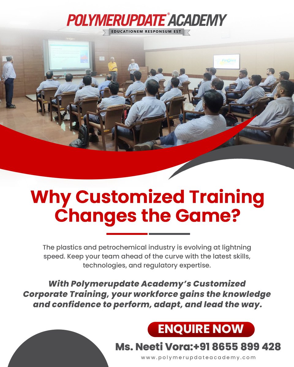 PolymerupdateA's tweet image. Is your workforce future-ready? 🚀

Plastics &amp;amp; petrochemicals are evolving fast. Polymerupdate Academy’s customised training builds skills for new tech, regulations &amp;amp; market trends.

📞 Neeti Vora | +91 86558 99428

#WorkforceDevelopment #UpskillingIndia