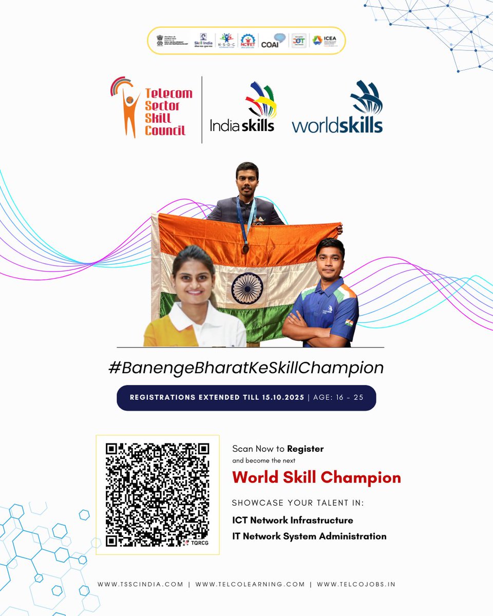 TSSCINDIA's tweet image. 📍 Register today: bit.ly/4la9J3c
📅 Registration Extended: 15 Oct 2025

@MSDESkillIndia | @NSDCIndia 

#indiaskills2025 #skillchallenge #futuretalentindia #techcareers #ictskills #digitaljobs #networkcareers #youthopportunity #skillingindia #careerboost